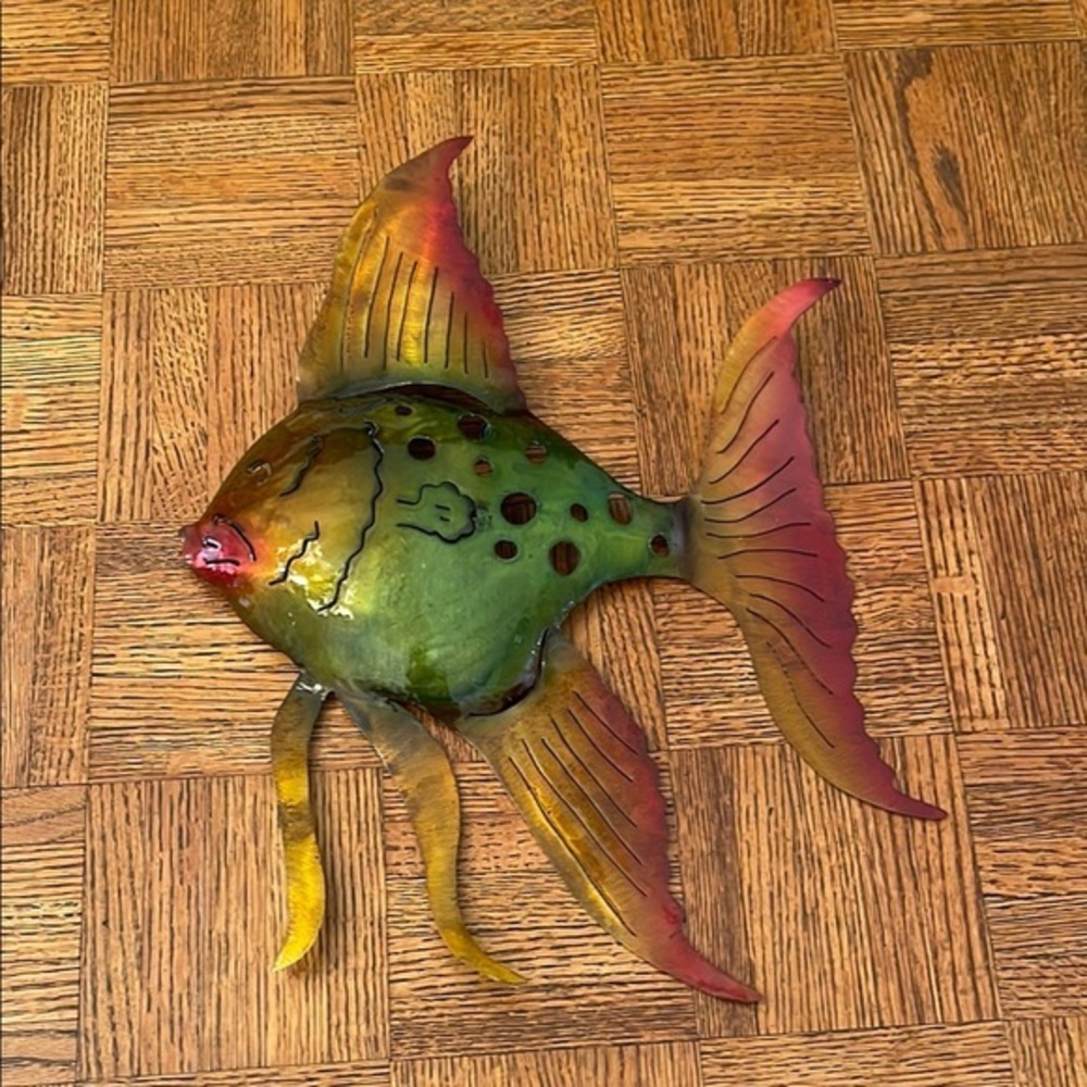Handcrafted metal Green and Red Fish wall art